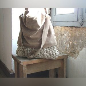 French Chic ✨ Handmade grey leather + slate tweed hobo tote. One of a kind.